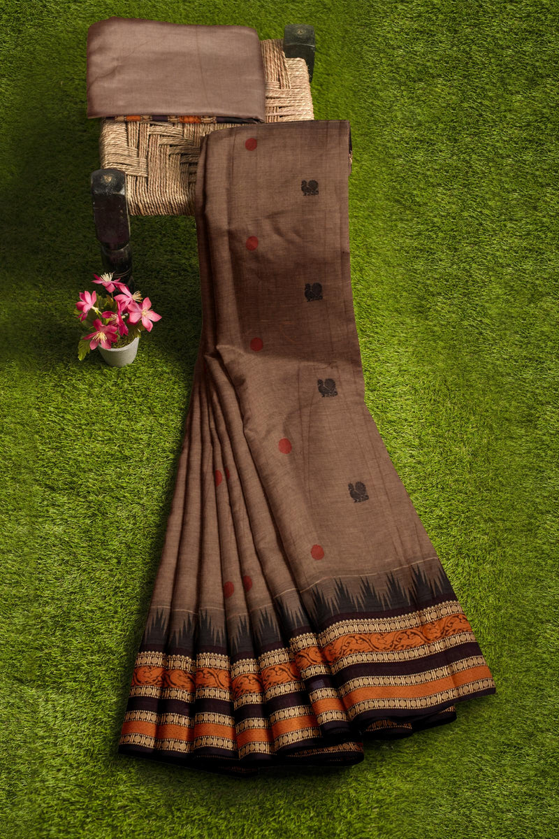 Brown Chettinad Pure Cotton Tower Border Mayil Butta Saree