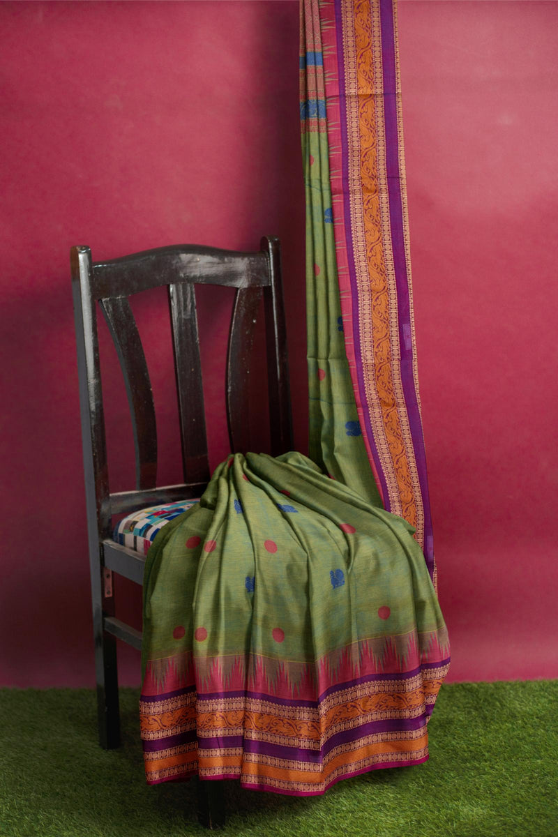 Green Chettinad Pure Cotton Contrast Peacock Butta Tower Border Saree