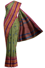 Green Chettinad Pure Cotton Contrast Peacock Butta Tower Border Saree