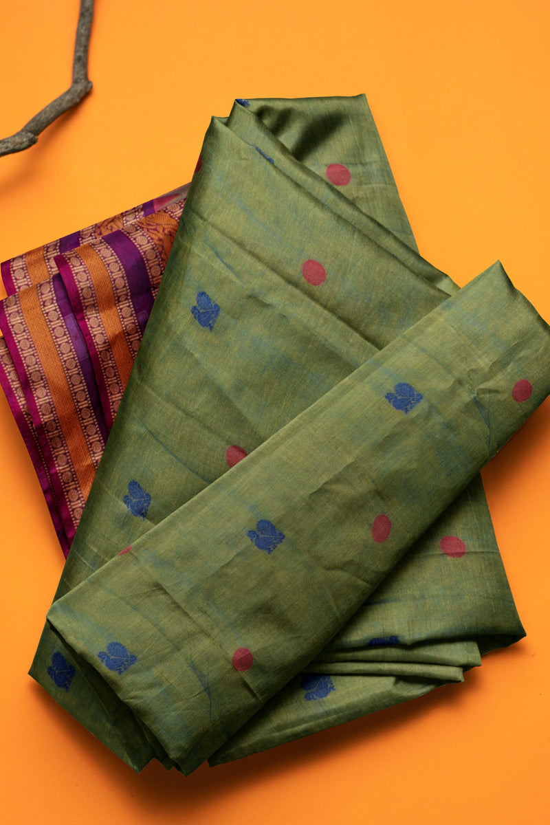 Green Chettinad Pure Cotton Contrast Peacock Butta Tower Border Saree