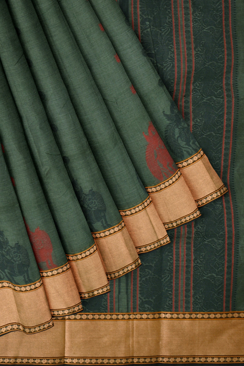 Dark Green Chettinad Pure Cotton Yazhi Butta Saree