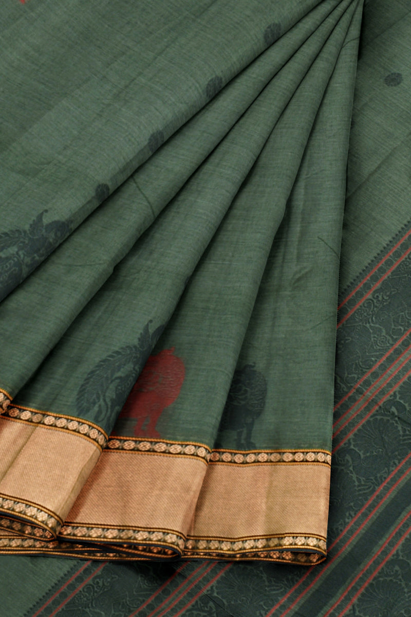 Dark Green Chettinad Pure Cotton Yazhi Butta Saree