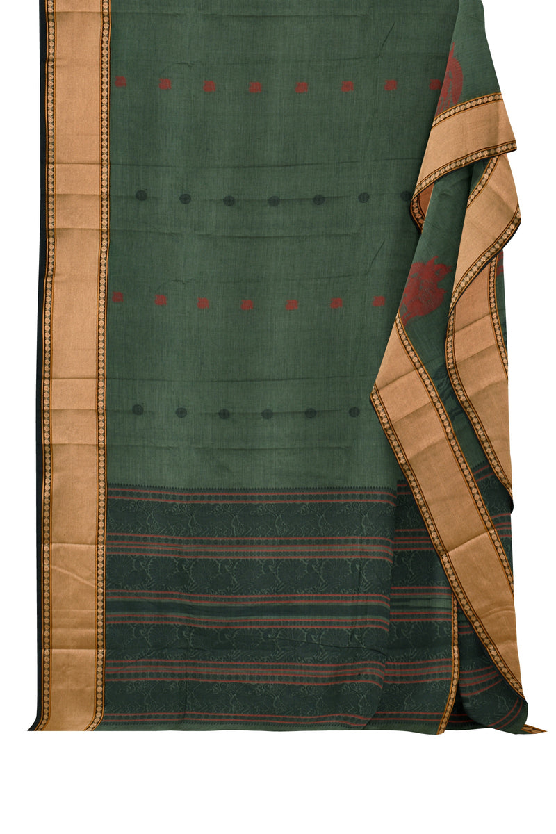 Dark Green Chettinad Pure Cotton Yazhi Butta Saree