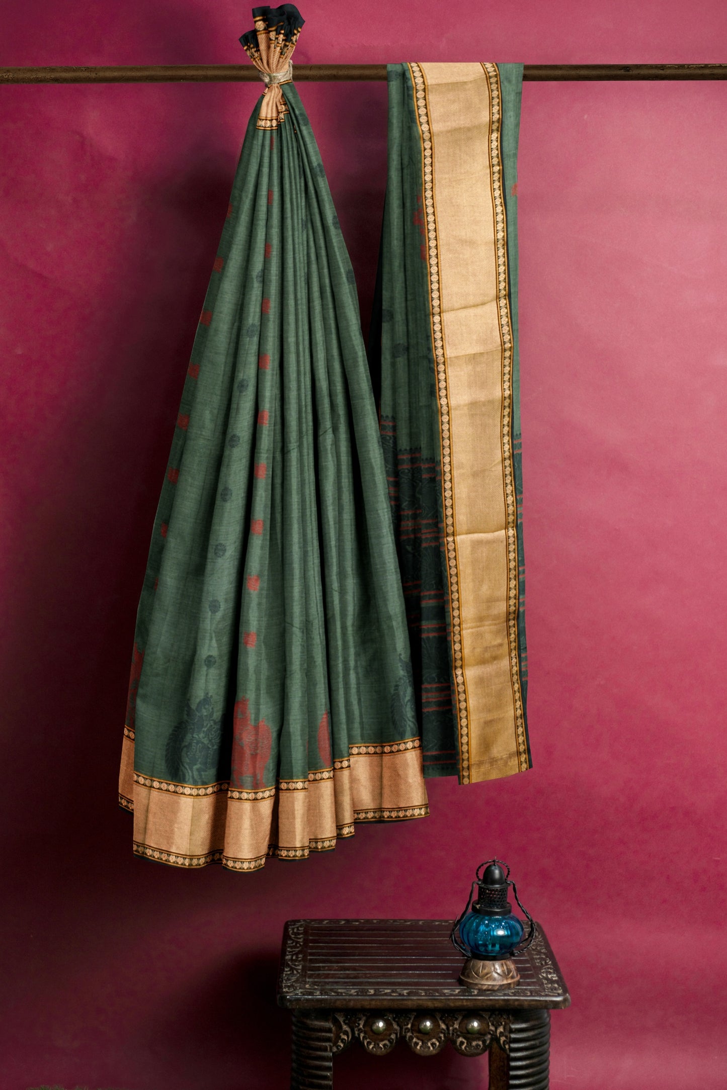 Dark Green Chettinad Pure Cotton Yazhi Butta Saree