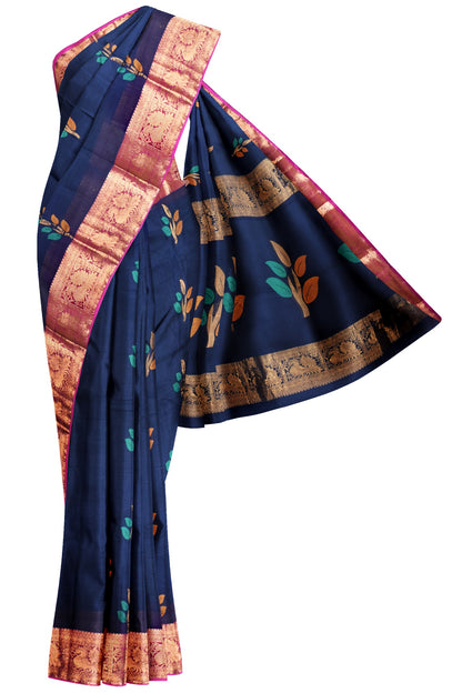 Navy Blue Chettinad Pure Cotton Meena Flower Butta Annam Border Saree