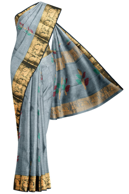 Grey Chettinad Pure Cotton Meena Flower Butta Annam Border Saree