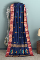 Navy Blue Chettinad Pure Cotton Meena Flower Butta Annam Border Saree