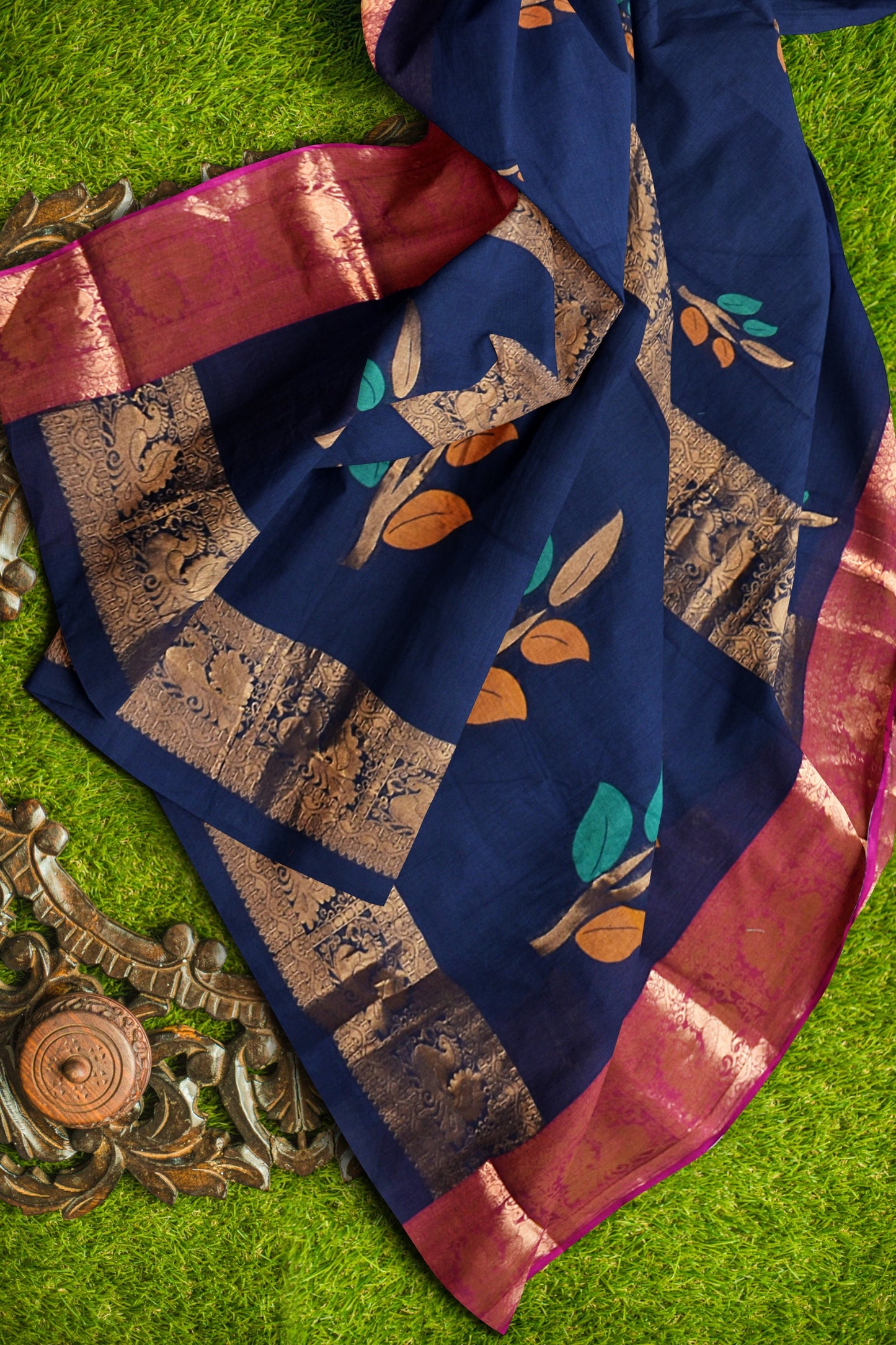 Navy Blue Chettinad Pure Cotton Meena Flower Butta Annam Border Saree