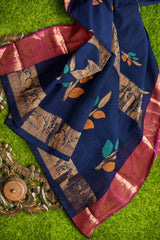 Navy Blue Chettinad Pure Cotton Meena Flower Butta Annam Border Saree