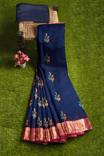 Navy Blue Chettinad Pure Cotton Meena Flower Butta Annam Border Saree