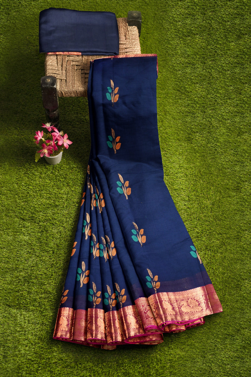 Navy Blue Chettinad Pure Cotton Meena Flower Butta Annam Border Saree