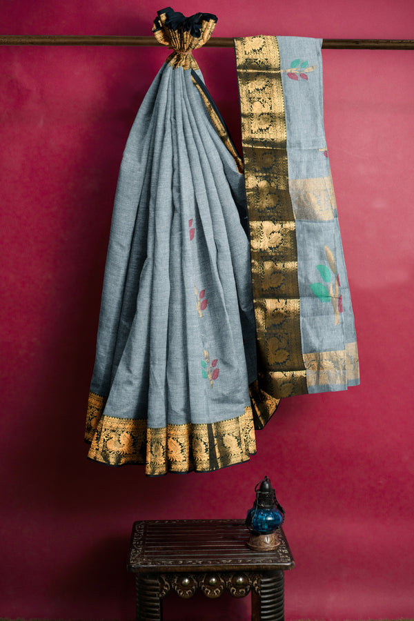 Grey Chettinad Pure Cotton Meena Flower Butta Annam Border Saree