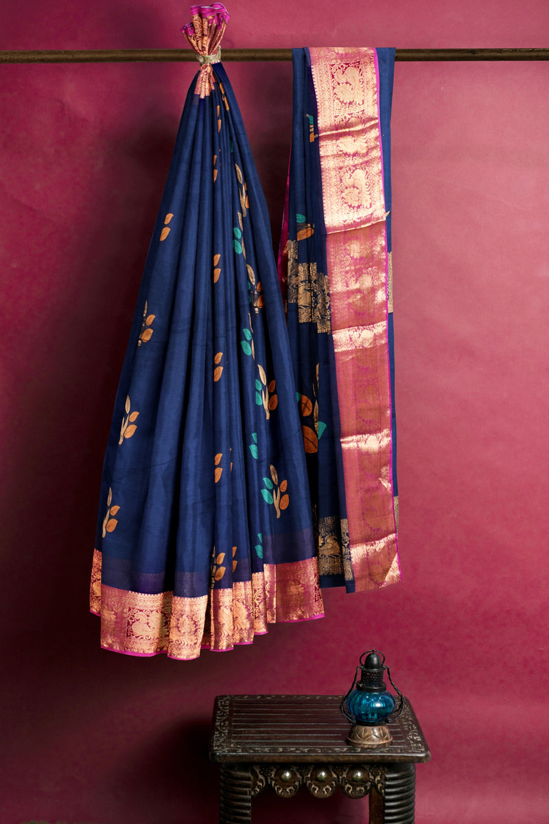 Navy Blue Chettinad Pure Cotton Meena Flower Butta Annam Border Saree