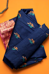 Navy Blue Chettinad Pure Cotton Meena Flower Butta Annam Border Saree