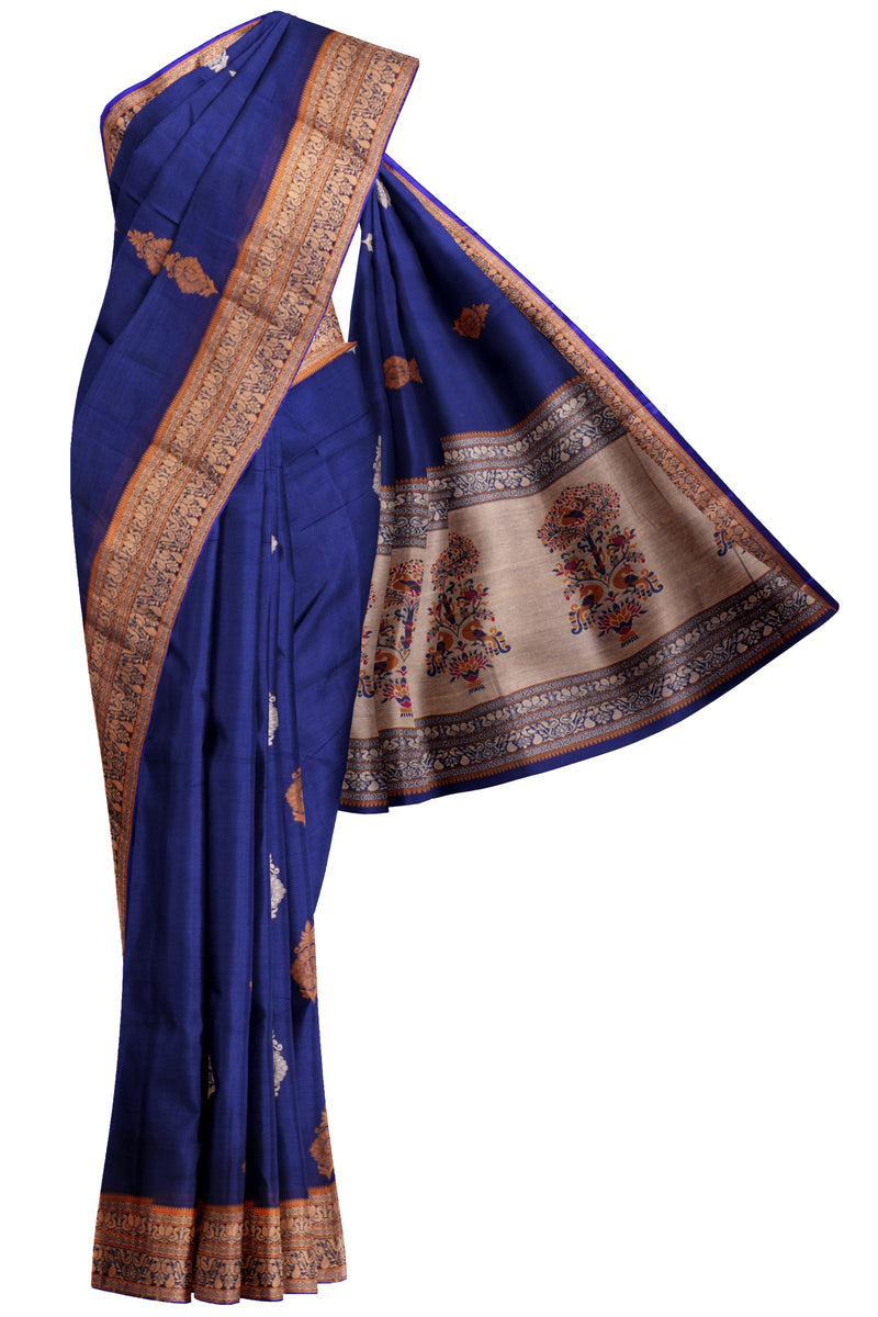 Blue Chettinad Pure Cotton Contrast Butta Tree Pallu Saree