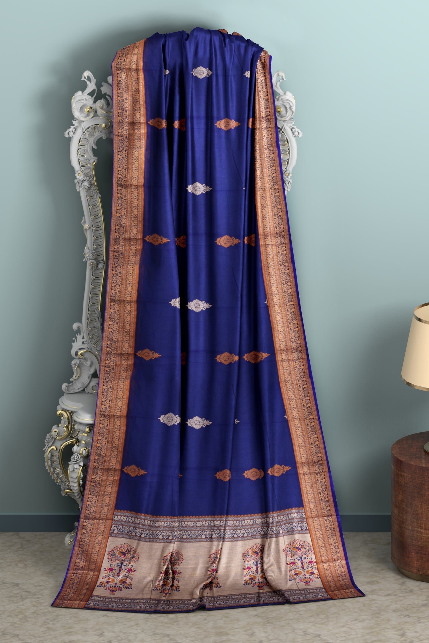 Blue Chettinad Pure Cotton Contrast Butta Tree Pallu Saree