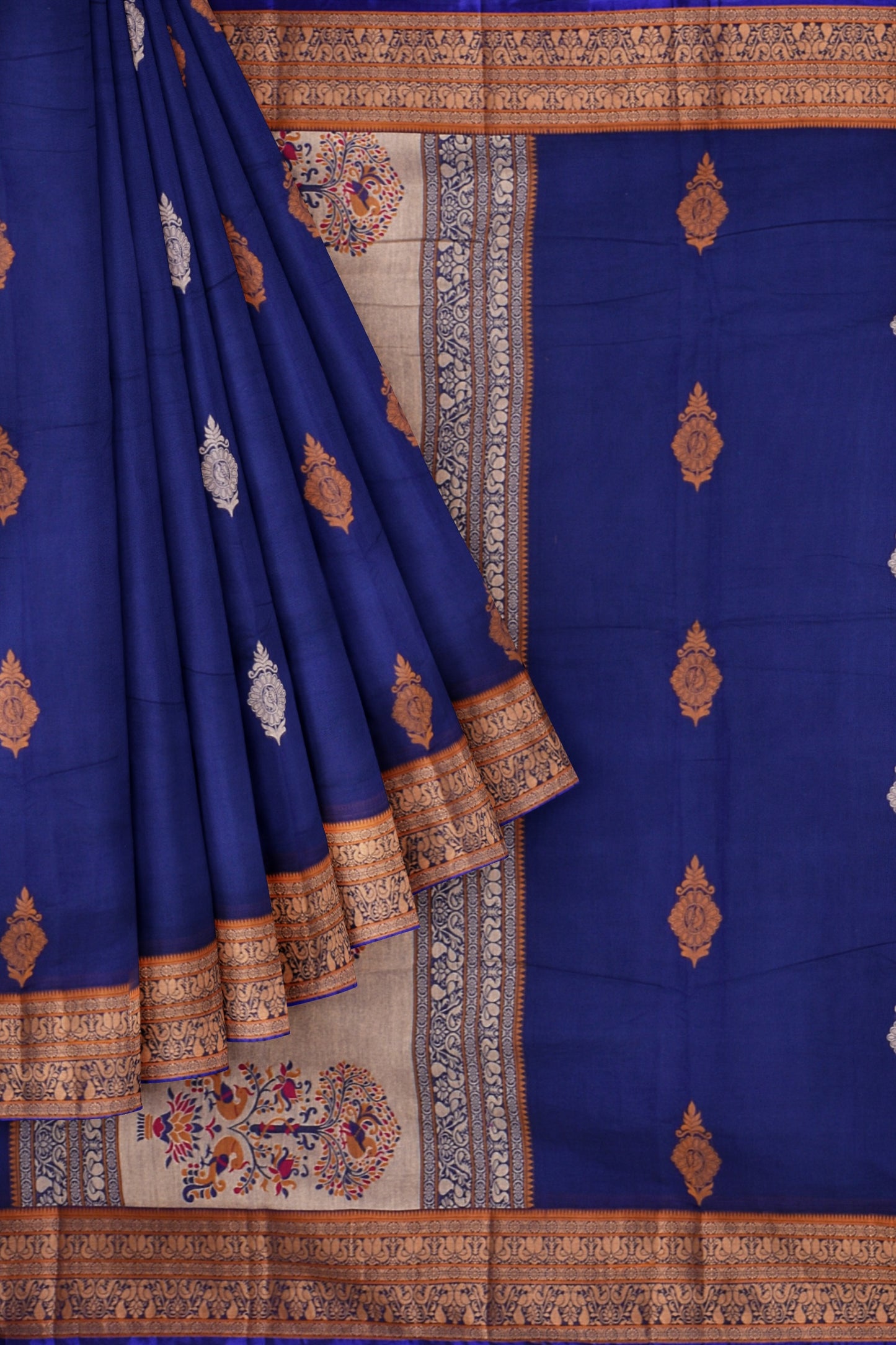 Blue Chettinad Pure Cotton Contrast Butta Tree Pallu Saree