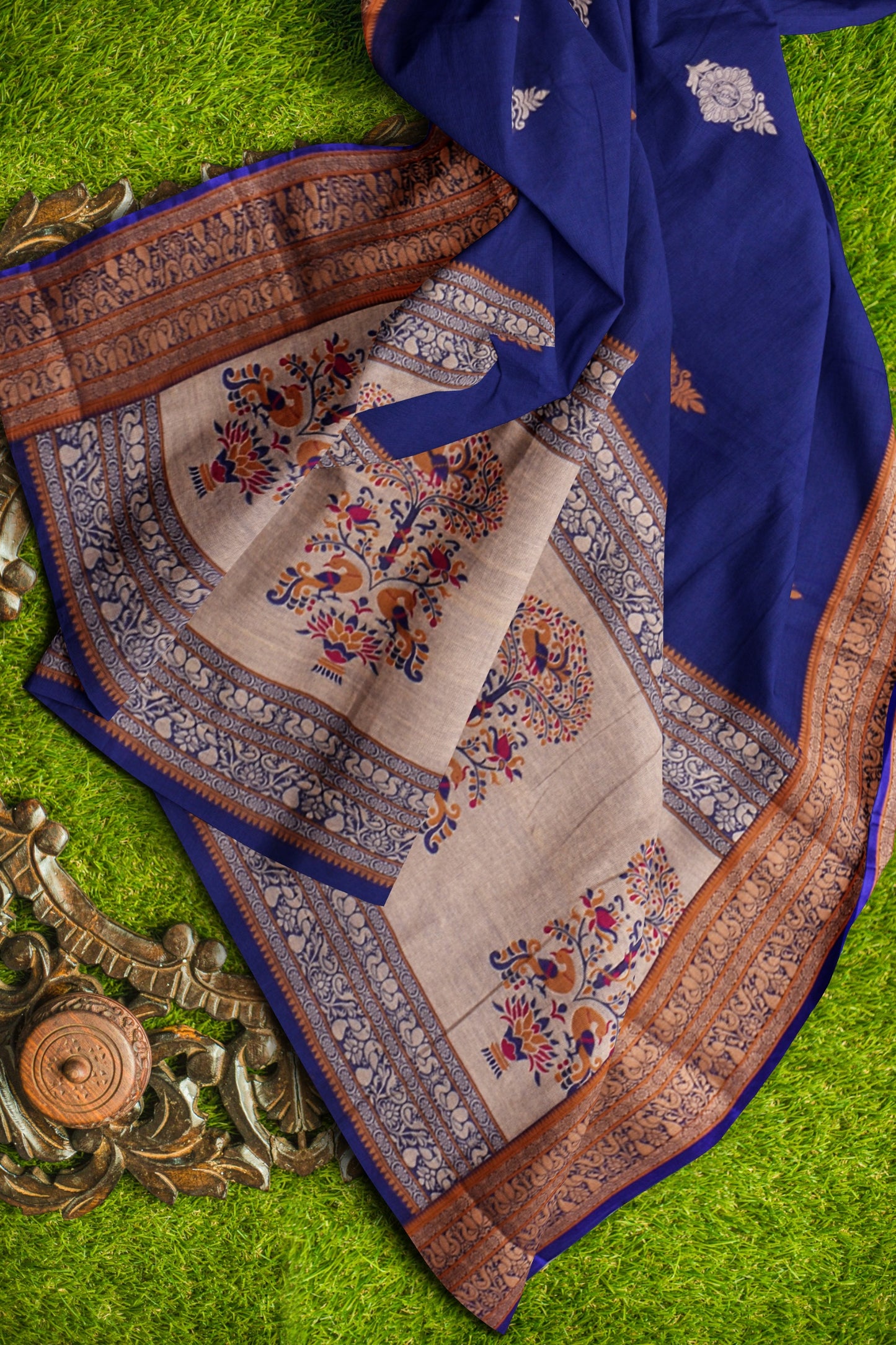 Blue Chettinad Pure Cotton Contrast Butta Tree Pallu Saree