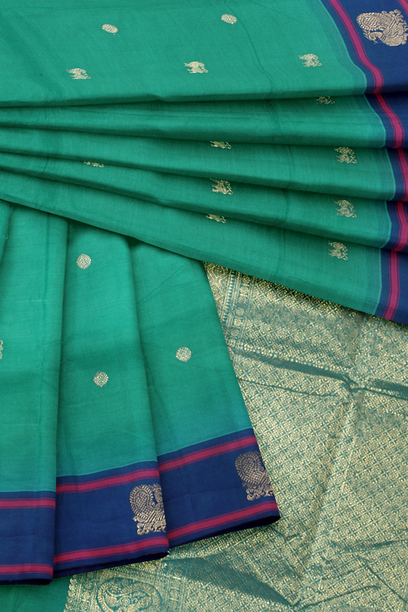 Ramar Green Chettinad Pure Cotton Contrast Annam Border Saree