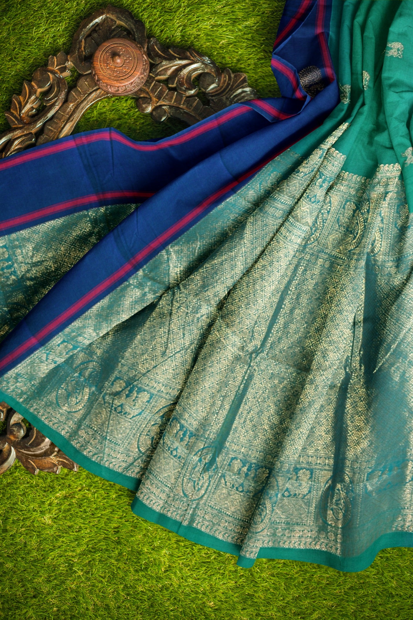 Ramar Green Chettinad Pure Cotton Contrast Annam Border Saree