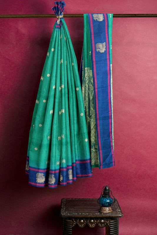 Ramar Green Chettinad Pure Cotton Contrast Annam Border Saree