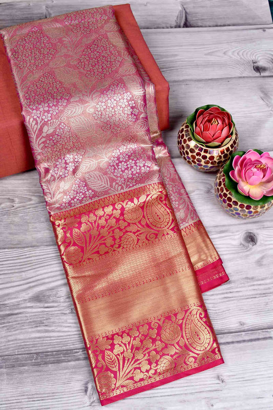 Pink Semi Silk Intricate Design Contrast Pink Mango Border Bridal Tissue Saree