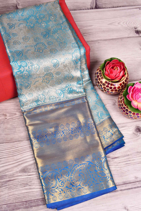 Light Blue Semi Silk Grand Jacquard Dark Blue Border Bridal Tissue Saree