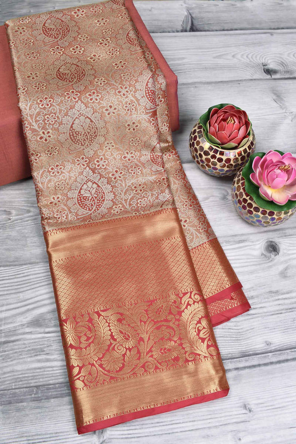 Light Orange Semi Silk Contrast Border Grand Pallu Bridal Tissue Saree