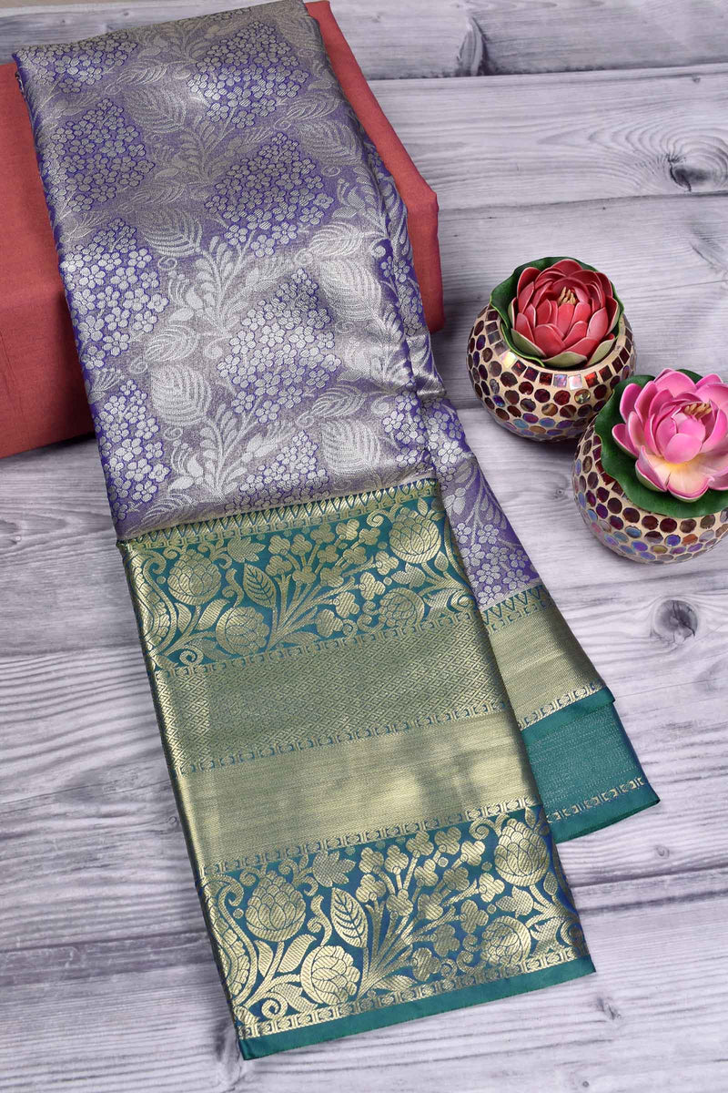 Blue Semi Silk Grand Floral Leaf Jacquard Big Border Bridal Tissue Saree