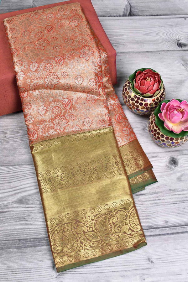 Light Orange Semi Silk Grand Jacquard Big Border Bridal Tissue Saree