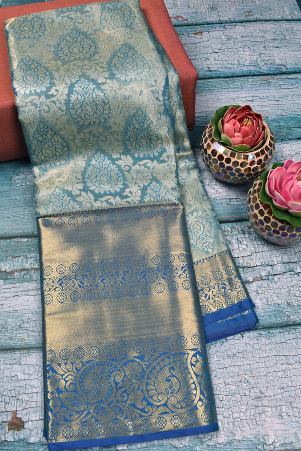 Blue Semi Silk All Over Traditional Jacquard Big Border Bridal Tissue Saree