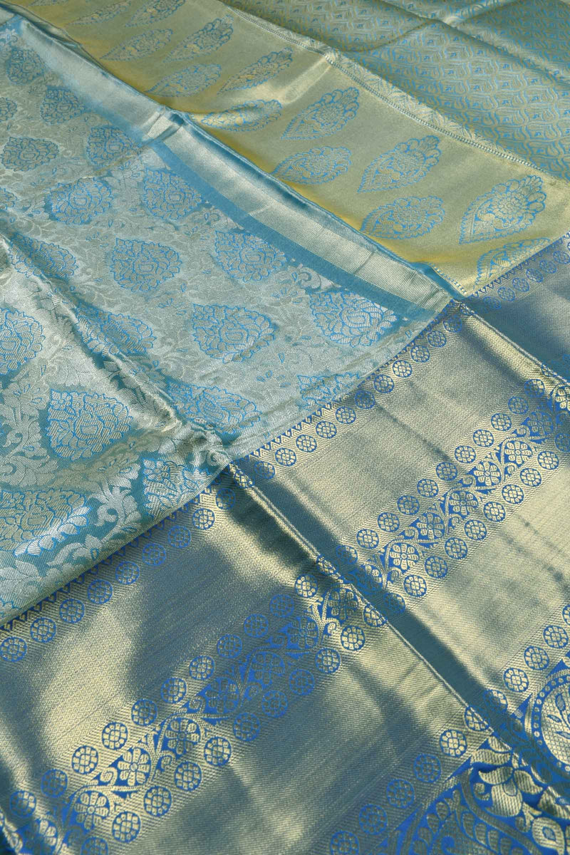 Blue Semi Silk All Over Traditional Jacquard Big Border Bridal Tissue Saree