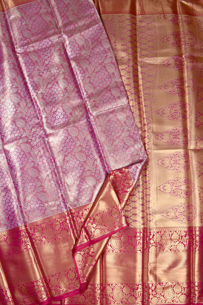 Pink Semi Silk Intricate Design Contrast Pink Mango Border Bridal Tissue Saree