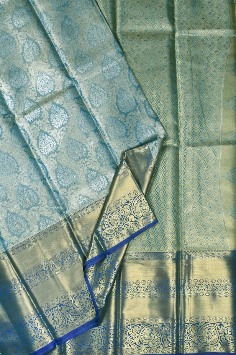 Blue Semi Silk All Over Traditional Jacquard Big Border Bridal Tissue Saree