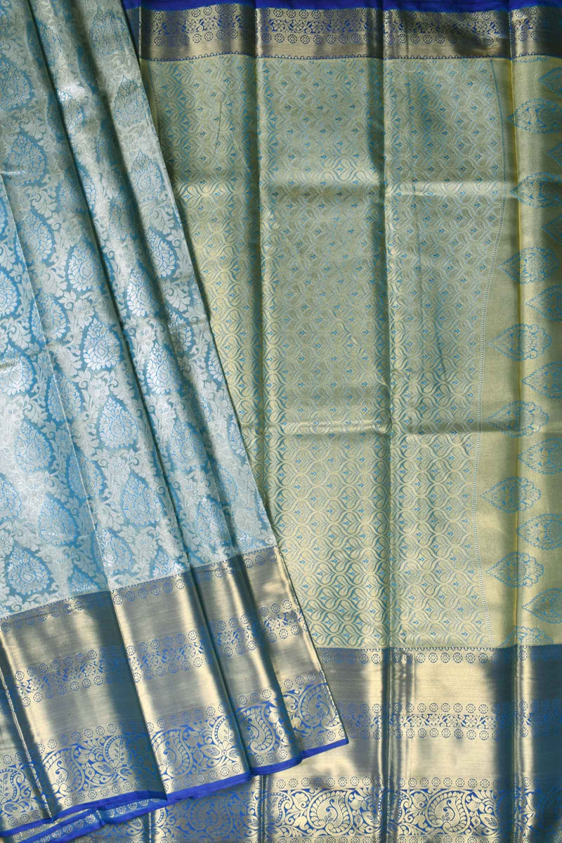 Blue Semi Silk All Over Traditional Jacquard Big Border Bridal Tissue Saree