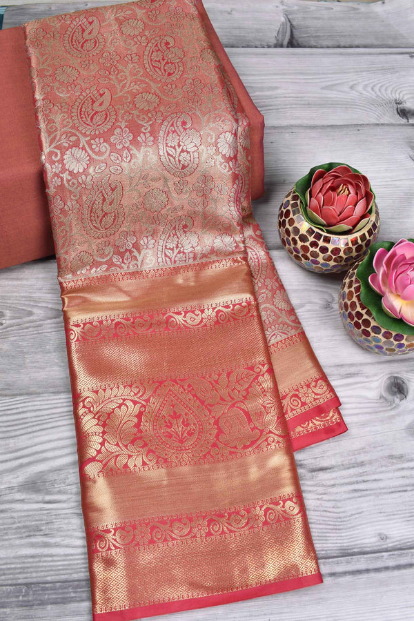 Peach Semi Silk Flower Jaal Big Border Bridal Tissue Saree