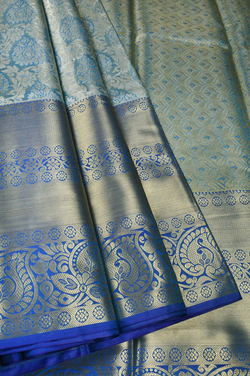 Blue Semi Silk All Over Traditional Jacquard Big Border Bridal Tissue Saree