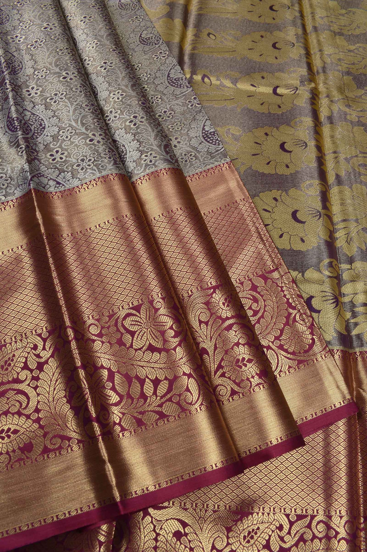 Light Violet Semi Silk Contrast Border Grand Pallu Bridal Tissue Saree