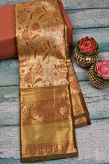 Golden Semi Silk All Over Floral Jacquard Big Border Bridal Tissue Saree