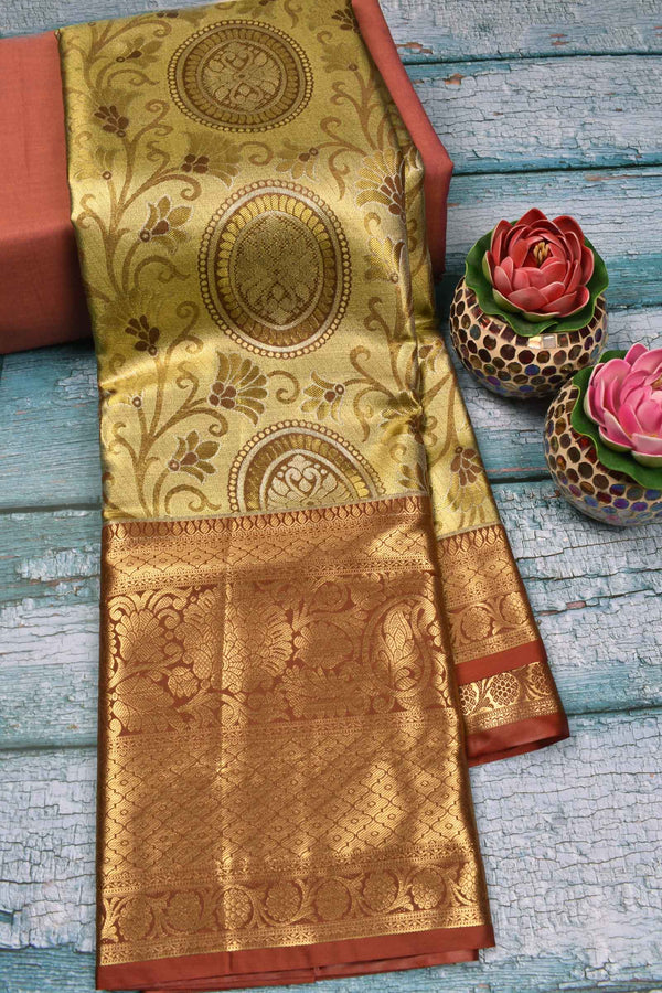 Dark Golden Semi Silk Emblem Design Grand Paisely Pallu Bridal Tissue Saree