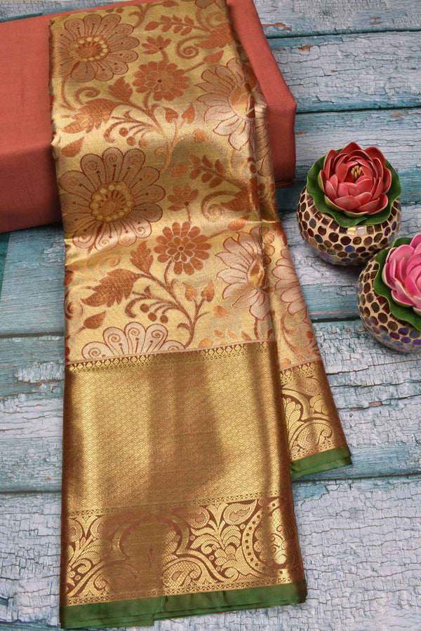 Golden Semi Silk Big Floral Design Paisely Pallu Bridal Tissue Saree