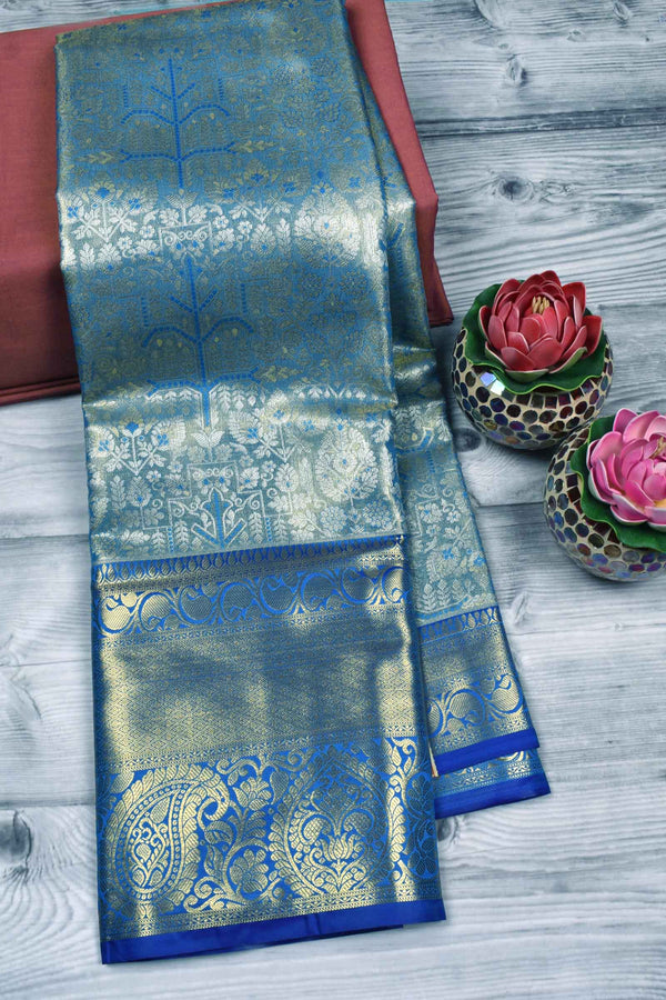 Light Blue Semi Silk Contrast Blue Peacock Border Bridal Tissue Saree