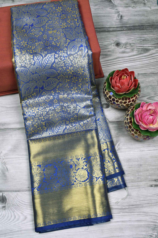 Blue Semi Silk Leaf Design Paisely Pallu Bridal Tissue Saree