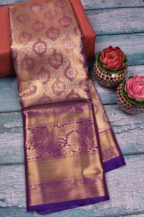 Violet Semi Silk Peacock Butta Mango Pallu Bridal Tissue Saree