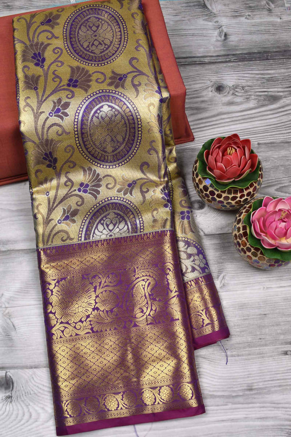 Golden  Semi Silk Swan Emblem Jacquard Grand Pallu Bridal Tissue Saree