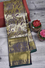 Silver with Violet Big Floral Design Mango Pallu Bridal Tissue Saree