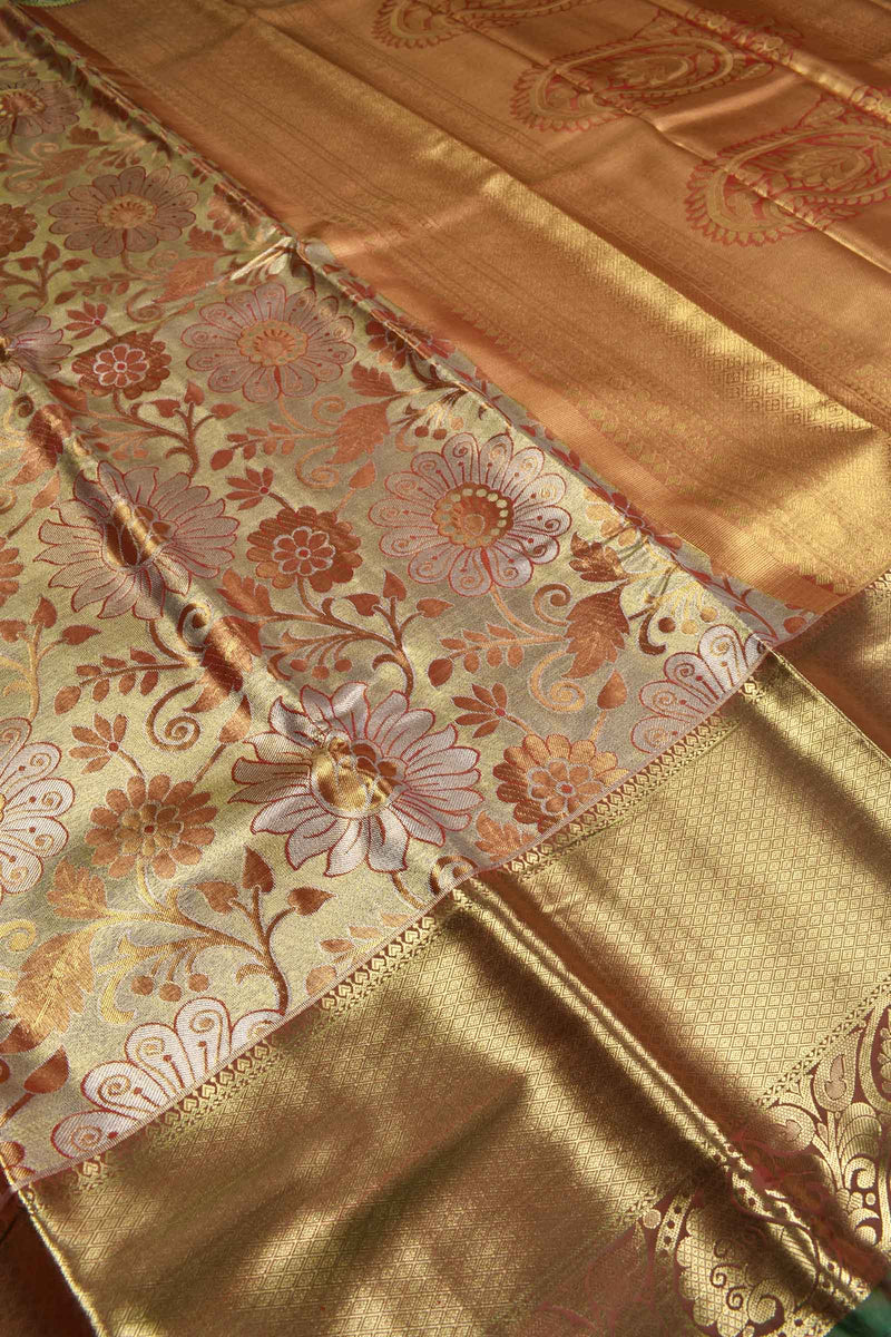 Golden Semi Silk Big Floral Design Paisely Pallu Bridal Tissue Saree