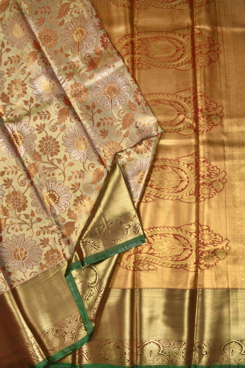 Golden Semi Silk Big Floral Design Paisely Pallu Bridal Tissue Saree