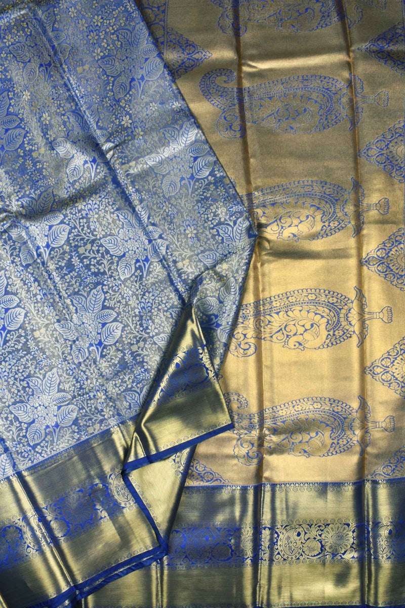 Blue Semi Silk Leaf Design Paisely Pallu Bridal Tissue Saree