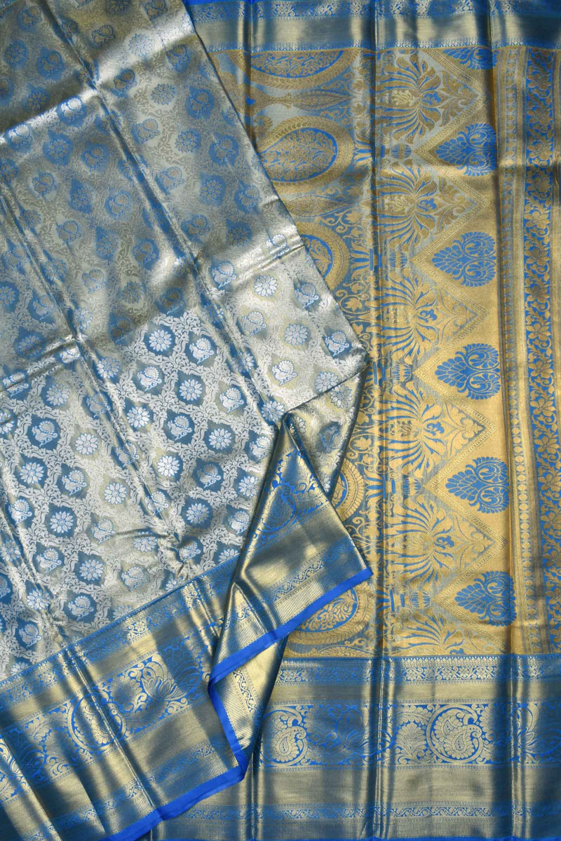 Blue Semi Silk Peacock Butta Grand Traditional Pallu Bridal Tissue Saree